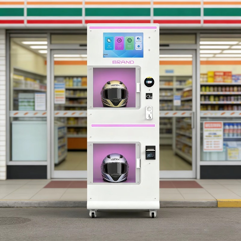 Vending Machine Qr Code - เครื่องจำหน่ายสินค้าอัตโนมัติแบบสั่งทำพิเศษสำหรับทำความสะอาดหมวกกันน็อคในคลังสินค้าสองชั้น พร้อมหน้าจอสัมผัส SDK รองรับการชำระเงินด้วยบัตรเครดิตและคิวอาร์โค้ด สำหรับพื้นที่พักผ่อนของนักแข่งรถ